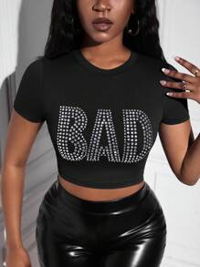 Slaydiva 水鑽字母圖案短款T恤 - 黑色 - 查看 6