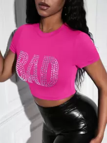Slaydiva Rhinestone Letter Pattern Crop Tee - Hot Pink - View 5