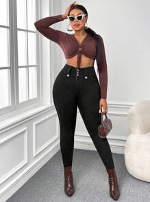 Slaydiva Plus High Waist Button Fly Skinny Jeans - Black - View 4