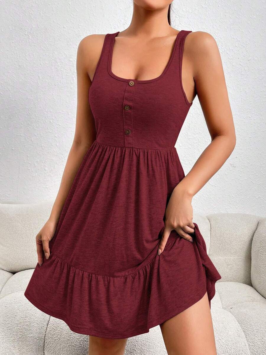 Button Detail Ruffle Hem Dress - Burgundy - View 1