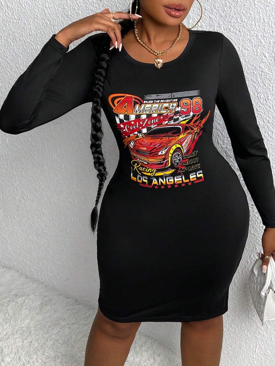 Slaydiva Talla grande Vestido ajustado con estampado de coche y letra - Negro - Ver 1