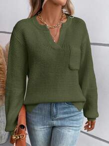 SHEIN LUNE Notched Neck Pocket Patched Drop Shoulder Sweater - Army Green - View 3