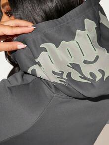 SHEIN SXY 字母圖案拉鍊抽繩連帽衫 - 淺灰色 - 查看 7