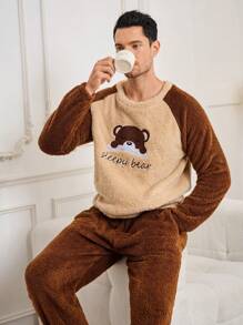 男士熊图案字母刺绣插肩袖上衣和裤子泰迪熊绒毛家居服睡衣套装，秋冬舒适保暖服