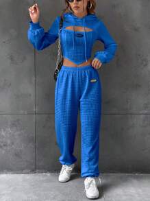 SHEIN EZwear Letter Patched Detail Cutout Drawstring Hoodie & Sweatpants - Blue - View 6