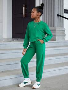 Cô gái Tween Chất rắn Thả vai Áo chui đầu và quần thể thao - Màu xanh lam - Xem 3