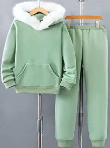 SHEIN 女大童毛茸邊袋鼠口袋連帽衫和運動褲 - 綠色 - 查看 1