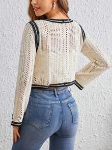 SHEIN VCAY Floral Pattern Pointelle Knit Contrast Trim Crop Cardigan - Apricot - View 2