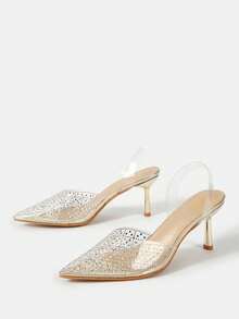 女士透明時尚鑲有水晶鑽石的高跟鞋 - 金色 - 查看 2