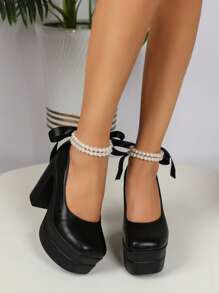 新品到貨女士高跟鞋,雙層防水平台,厚實珍珠細節帶,歐美風格時尚厚底鞋 - 黑色 - 查看 2