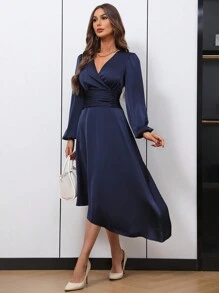 SHEIN Clasi Surplice Neck Lantern Sleeve Asymmetrical Hem Dress Fall Cloth For Women - Navy Blue - View 5