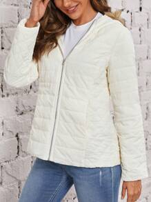 EMERY ROSE Slant Pocket Zip Up Fuzzy Trim Hooded Quilted Coat - Black - View 6