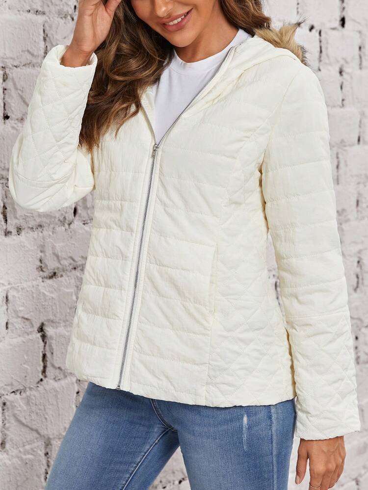 Slant Pocket Zip Up Fuzzy Trim Hooded Quilted Coat