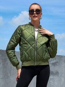 Eilly Bazar Zip Up Quilted Bomber Jacket - Army Green - View 5