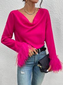 Chiquease Draped Collar Fuzzy Cuff Blouse