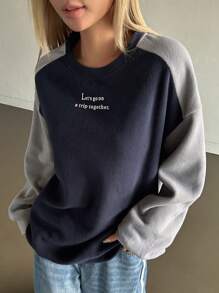 DAZY Sudadera Con Hombro Caído, Bordado De Letras Y Bloques De Color - Azul Marino - Ver 5