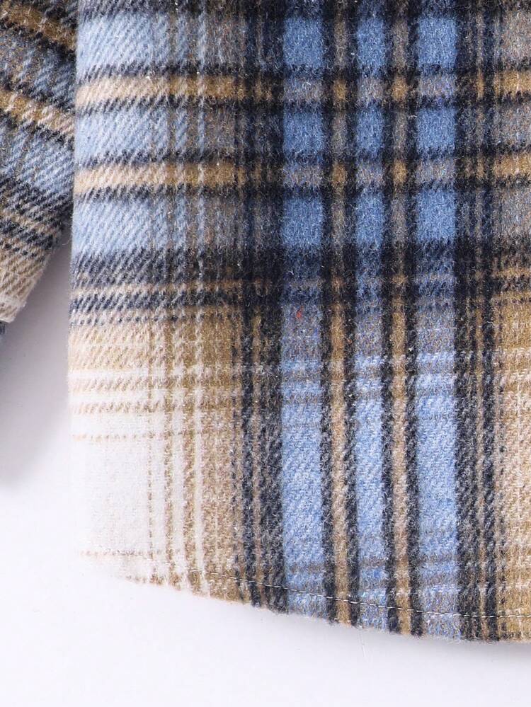 Young Girl Plaid Print Pocket Patched Overcoat