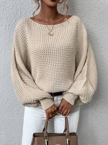 SHEIN LUNE Chất rắn Cổ thuyền tay cánh Áo len - Màu be - Xem 5