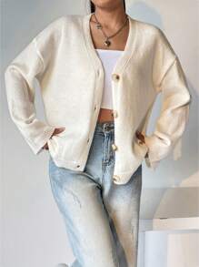 SHEIN Unity 1pc Drop Shoulder Button Front Cardigan,Long Sleeve Tops - Apricot - View 3