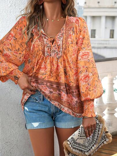 Breezaya Bluse mit Blume Muster, Schleife am Ausschnitt, Laternenärmeln,