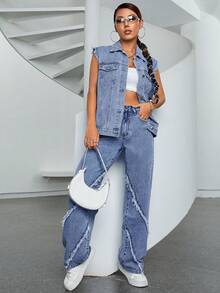SHEIN ICON Áo khoác denim có túi có nắp thô - Rửa nhẹ - Xem 4