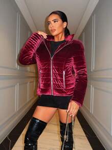 SHEIN SXY 冬季拉链连帽棉服大衣 - 酒紅色 - 查看 1