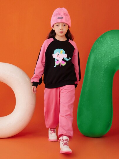 Tween Girl Cartoon Graphic Raglan Sleeve Two Tone Sweatshirt & Sweatpants