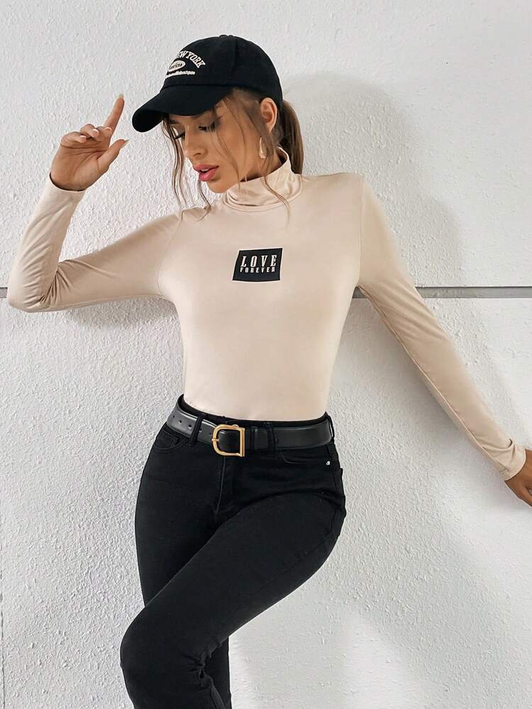 Letter Graphic Mock Neck Tee