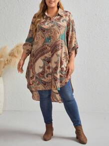 EMERY ROSE Plus Paisley Print Roll Tab Sleeve High Low Hem Shirt Western Woman Attire Plus - Multicolor - View 3