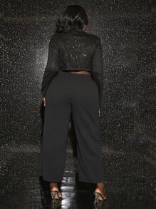 Slaydiva Große Größe Kurzer Blazer mit Pailletten und Reverskragen & Hose mit weitem Bein