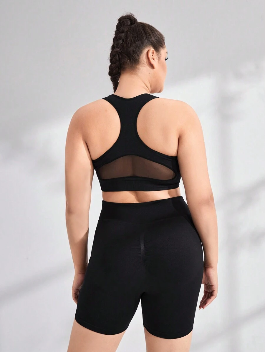 大碼網紗拼接工字運動套裝 - 黑色 - 查看 1