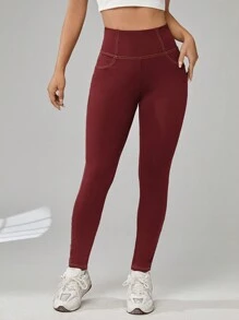 SHEIN EZwear 字母貼布頂針寬腰帶緊身打底褲 - 酒紅色 - 查看 8