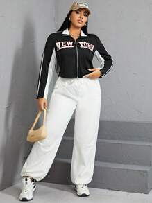 SHEIN EZwear 加字母圖案撞色側縫拉鍊夾克 - 黑與白 - 查看 6