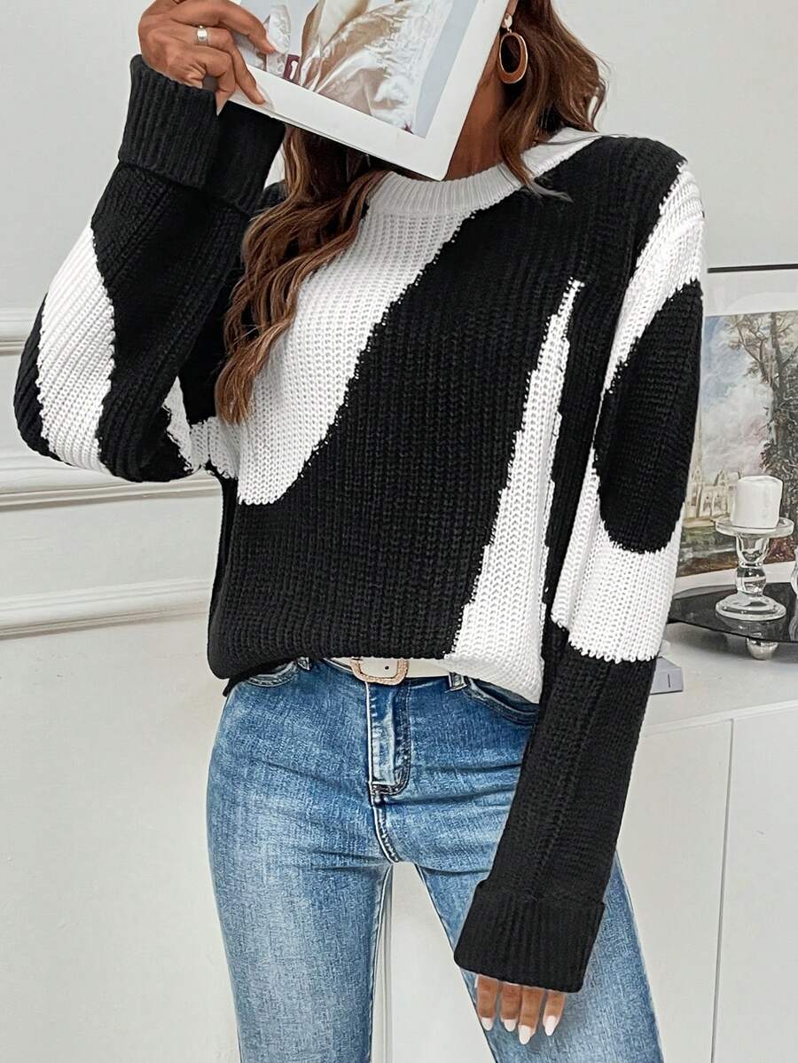 SHEIN Essnce Two Tone Drop Shoulder Sweater - Black and White - View 1