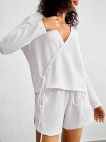 素色圍裹胸襟華夫格編織休閒服上裝 - 白色 - 查看 6