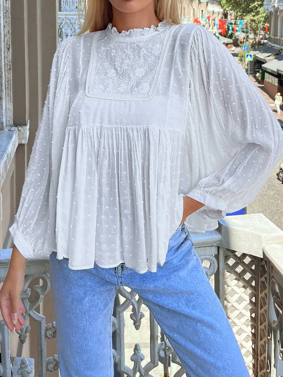 EURMUSE Chấm Swiss Cổ diềm Tay áo lồng đèn Áo sơ mi - trắng - Xem 1