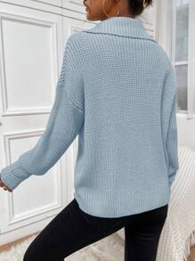 SHEIN Unity Half Zip Drop Shoulder Ribbed Knit Pullover Fall Winter Sweater - Baby Blue - View 2