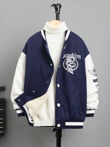 SHEIN 男大童字母&龍印花雙色加絨內裏學院風夾克無毛衣 - 杏色 - 查看 3