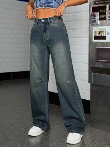 SHEIN ICON Mid Waist Wide Leg Jeans - Dark Wash - View 4