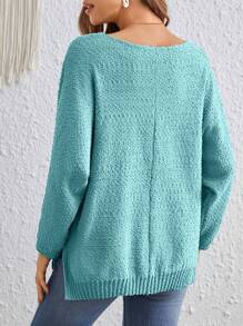 SHEIN VCAY Solid Drop Shoulder Sweater - Teal Blue - View 4