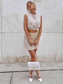 SHEIN Privé Button Front Plaid Overcoat - Apricot - View 5