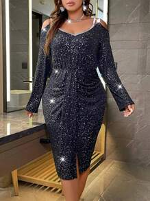 Allurite Hơn Vai lạnh Xù Viền chia cắt Váy bodycon - màu đen - Xem 6