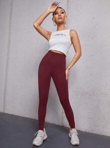 SHEIN BASICS 素色寬腰帶緊身打底褲 - 酒紅色 - 查看 4