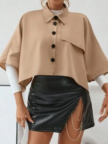 SHEIN Privé Batwing Sleeve Asymmetrical Hem Cape Trench Coat - Khaki - View 5