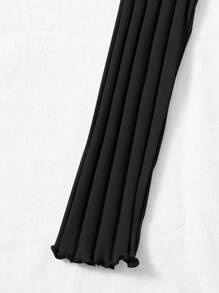 SHEIN EZwear U-Neck Long Sleeves Button Front Lettuce Trim Rib-Knit Tee - Black - View 5