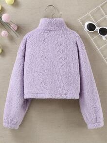 SHEIN Chica preadolescente Cazadora teddy con cremallera de hombros caídos - Morado Violeta - Ver 2