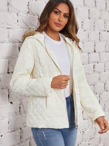 EMERY ROSE Slant Pocket Zip Up Fuzzy Trim Hooded Quilted Coat - Black - View 3