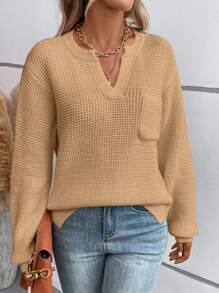 SHEIN LUNE 缺口领口口袋拼接落肩针织套头衫秋冬毛衣 - 卡其色 - 查看 4