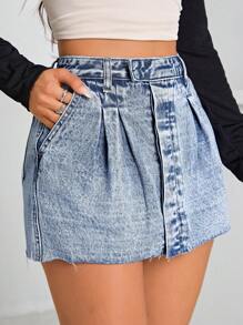 SHEIN EZwear 褶皺牛仔半身裙 - 中等水洗藍 - 查看 3