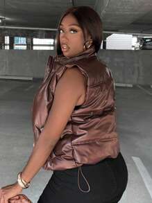 Slaydiva Zip Up PU Leather Vest Padded Coat - Brown - View 2